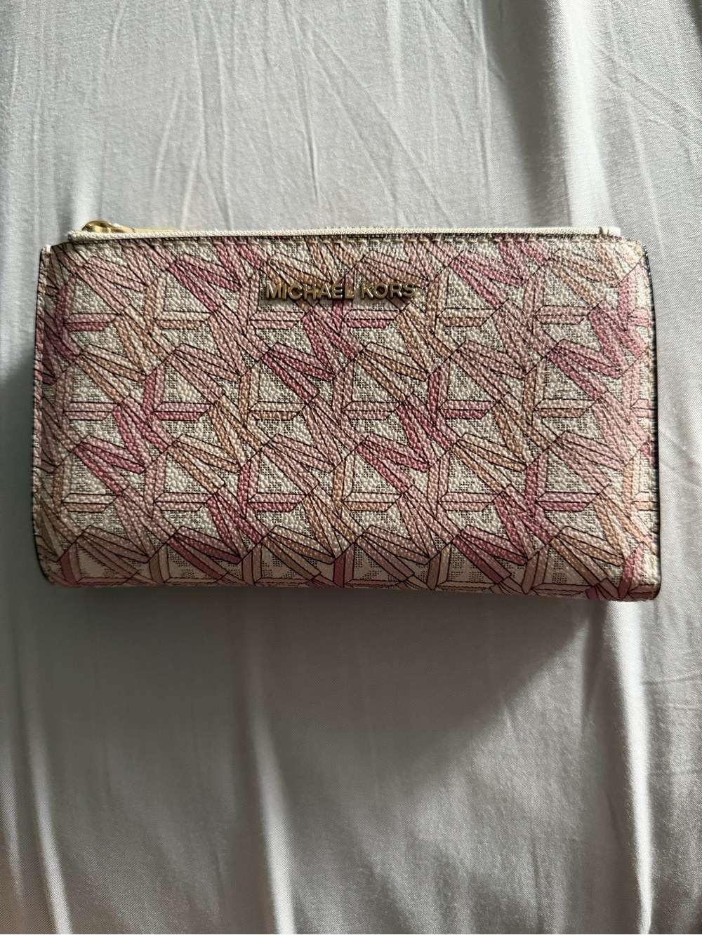 Michael Kors Pink and Beige MK Logo Zip Wallet